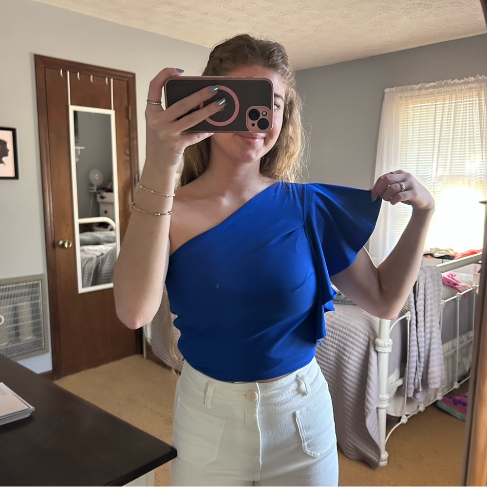 The Pants Store Elegant Summer/Spring Blue Asymmetrical Blouse